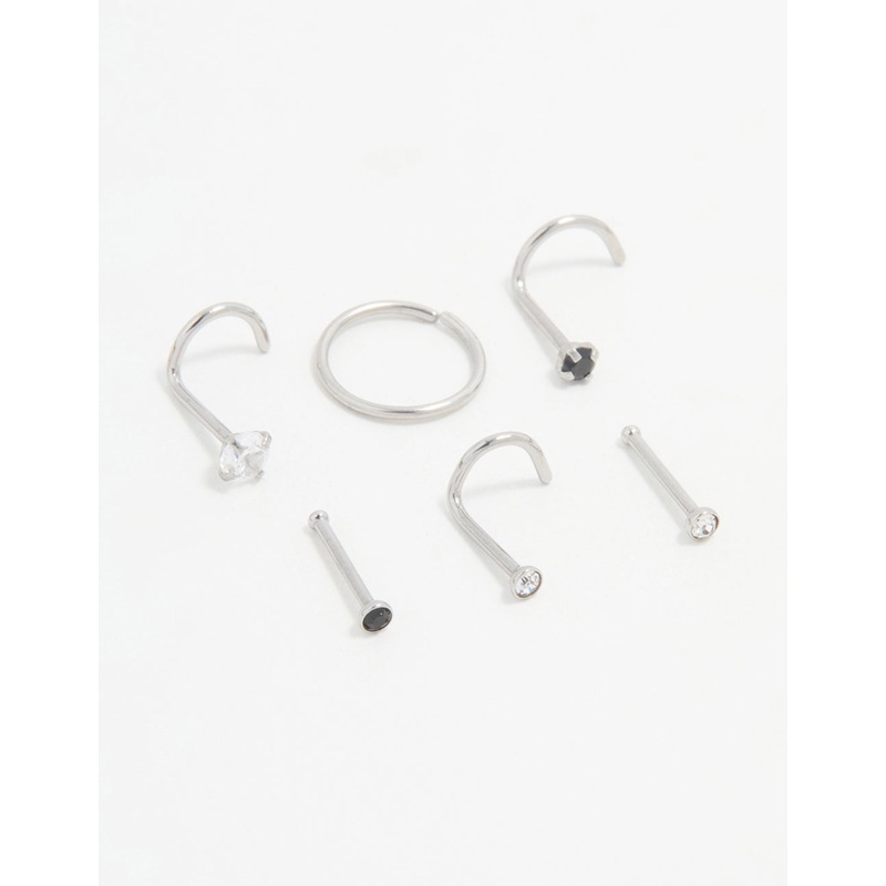 Surgical Steel Black Cubic Zirconia Nose Ring & Stud 6-Pack