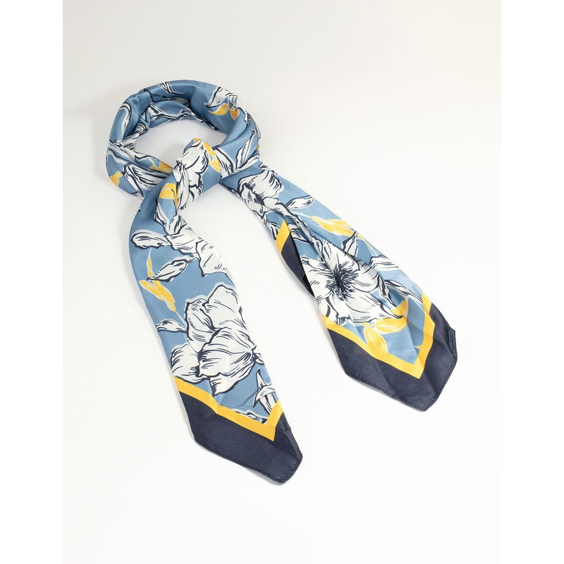 Blue Floral Outline Print Fabric Scarf