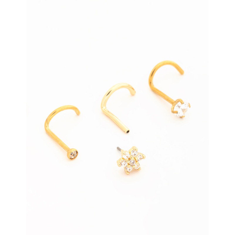 Gold Plated Titanium Threadless Flower Triangular Nose Studs 3-Pack