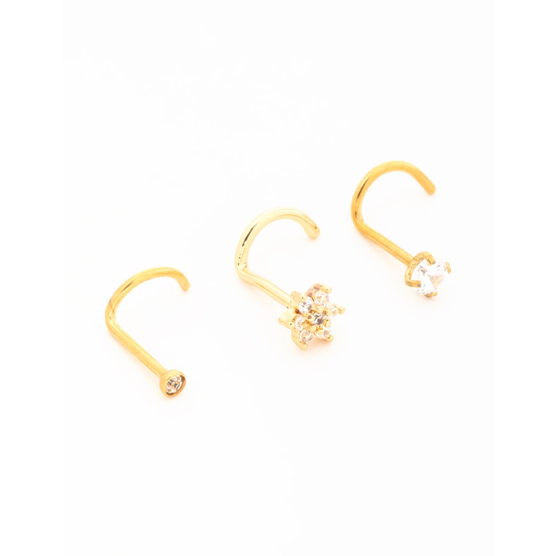Gold Plated Titanium Threadless Flower Triangular Nose Studs 3-Pack
