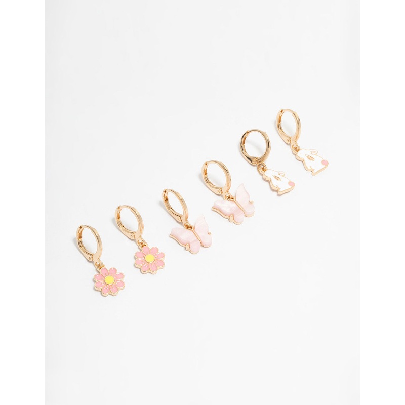 Kids Gold Bunny & Butterfly Huggie Earrings 3-Pack