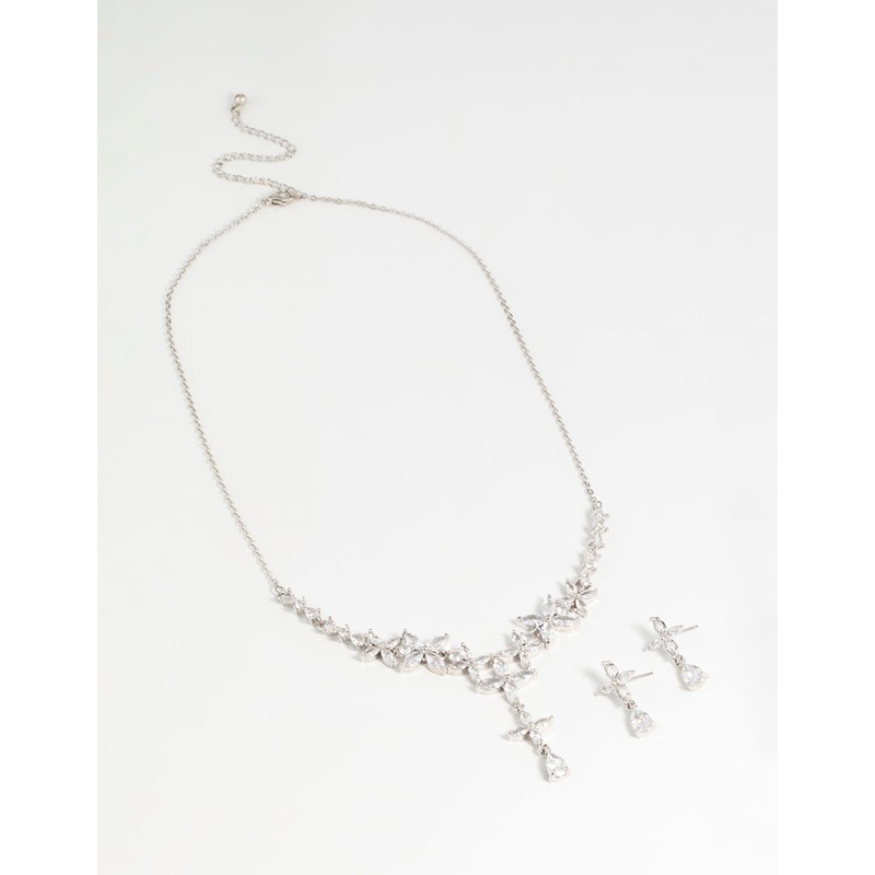 Silver Cubic Zirconia Flower Drop Earrings & Necklace Set