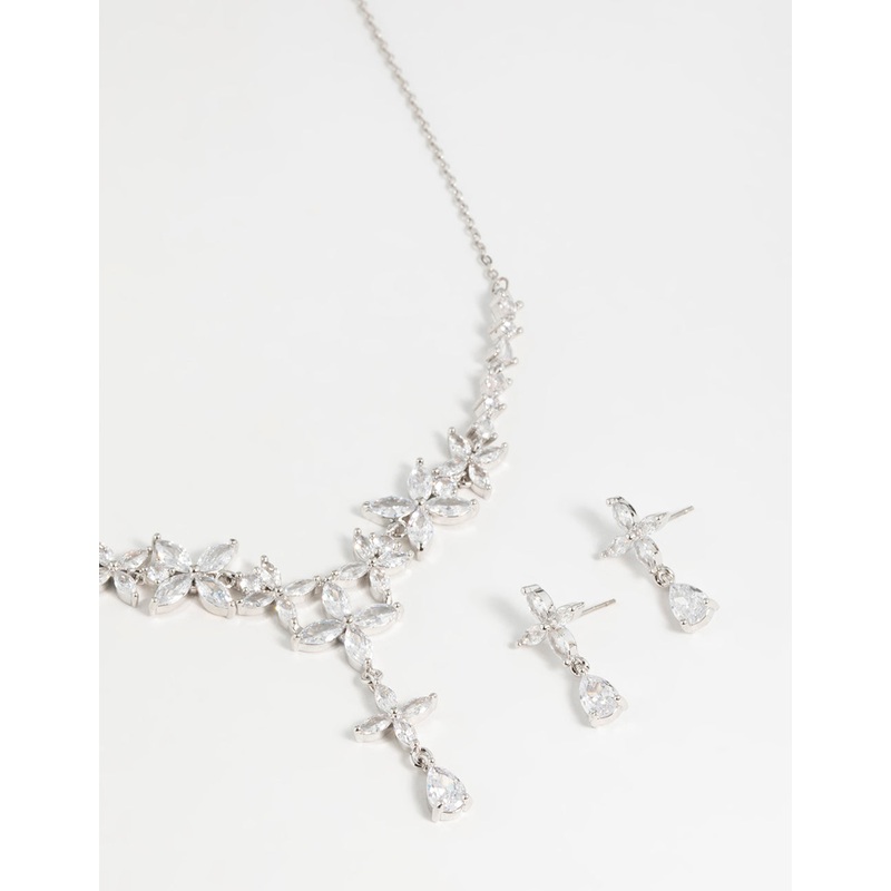 Silver Cubic Zirconia Flower Drop Earrings & Necklace Set