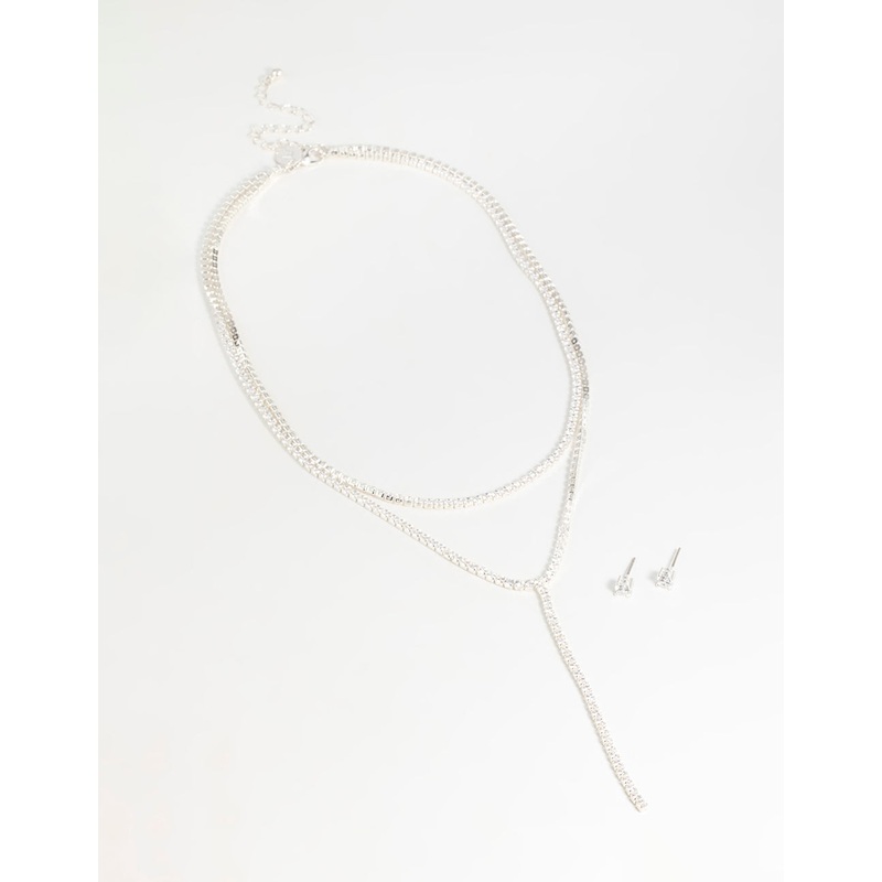 Silver Cubic Zirconia Layered Tennis Necklace & Stud Earrings Set