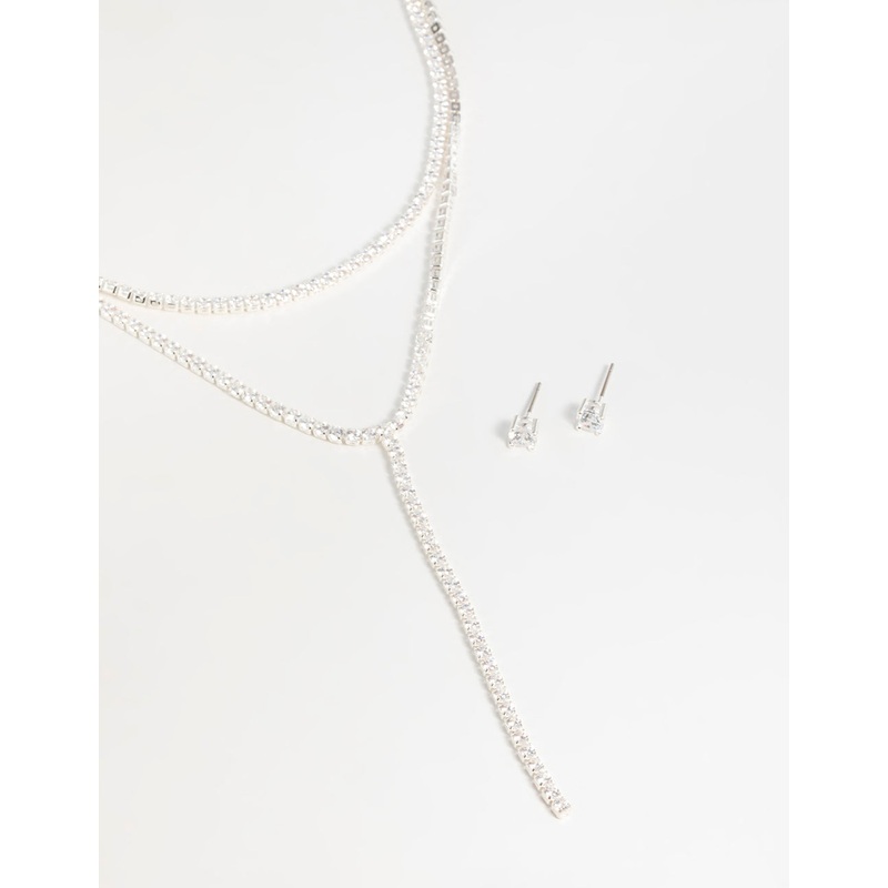 Silver Cubic Zirconia Layered Tennis Necklace & Stud Earrings Set