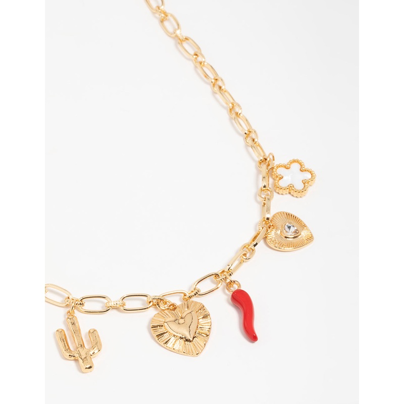 Gold Plated Chilli & Cactus Charm Pendant Necklace