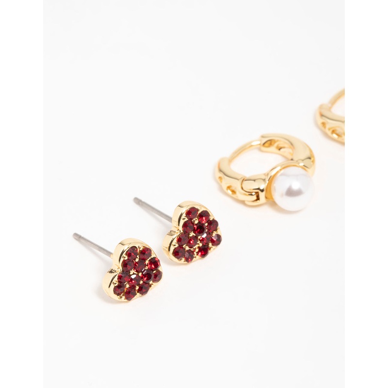 Gold Plated  Chunky Heart Stud Earrings 3-Pack