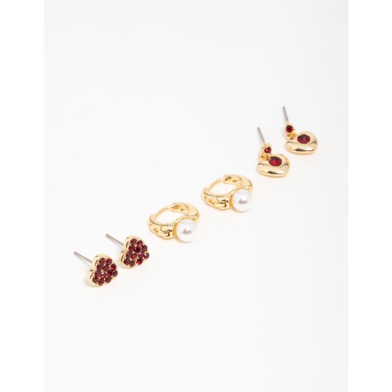 Gold Plated  Chunky Heart Stud Earrings 3-Pack