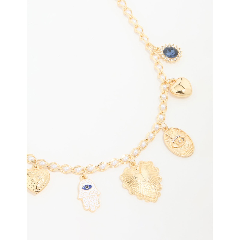 Gold Plated Evil Eye & Heart Charm Necklace