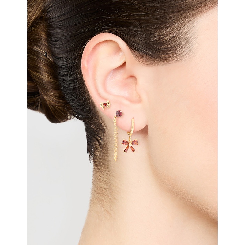 Gold Plated Red Cubic Zirconia Bow Huggie Earrings 3-Pack