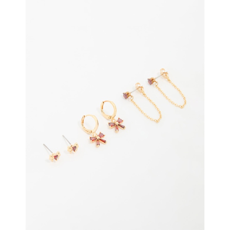 Gold Plated Red Cubic Zirconia Bow Huggie Earrings 3-Pack