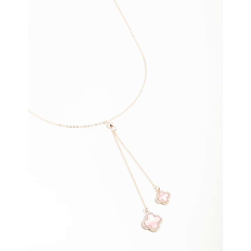 Rose Gold Cubic Zirconia Pink Flower Y-Necklace