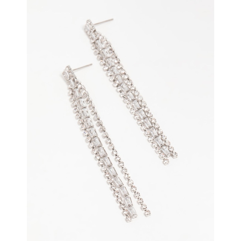 Silver Diamante Baguette Cupchain Drop Earrings