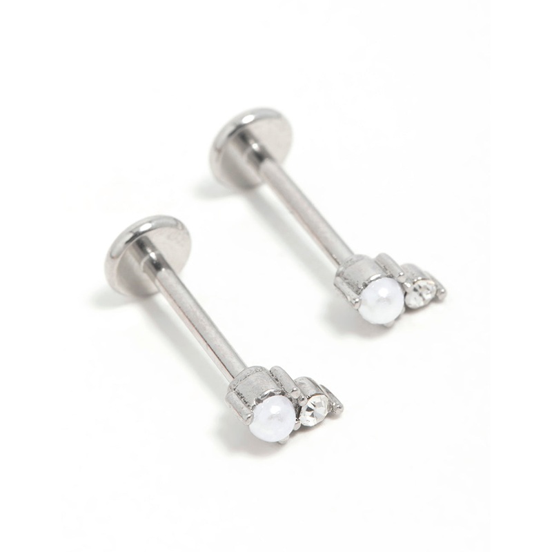Surgical Steel Pearl Diamante Flat Back Earrings