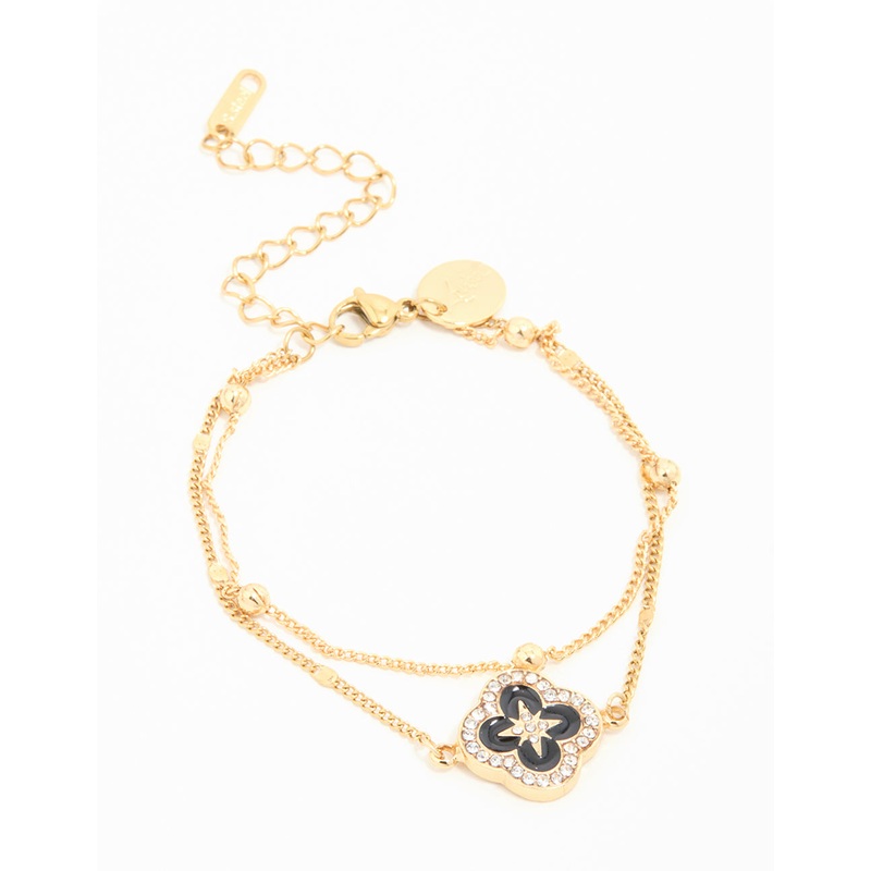 Waterproof Gold Plated Stainless Steel Black Enamel Flower Layered Bracelet