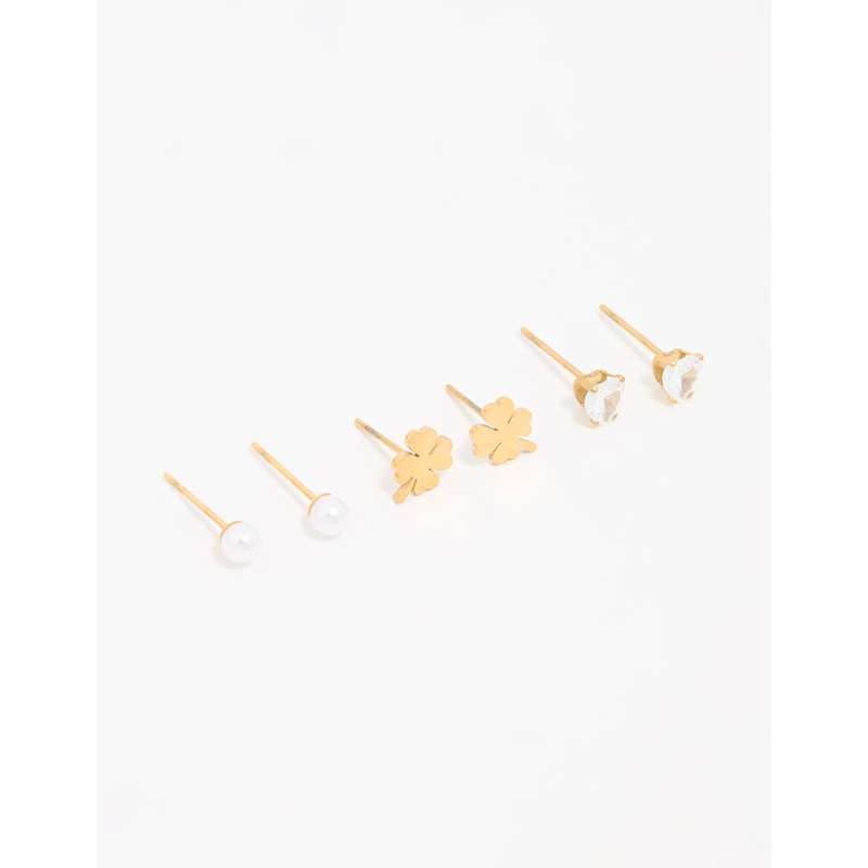 Waterproof Gold Plated Stainless Steel Clean Clover Stud Earrings 3-Pack