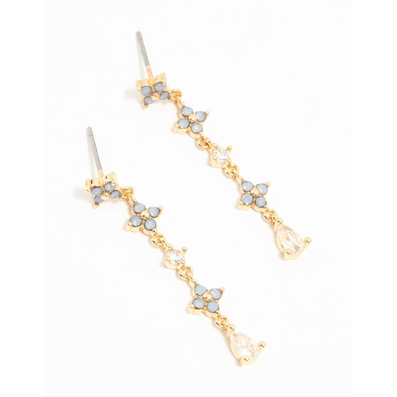 Gold Plated Blue Cubic Zirconia Floral Drop Earrings
