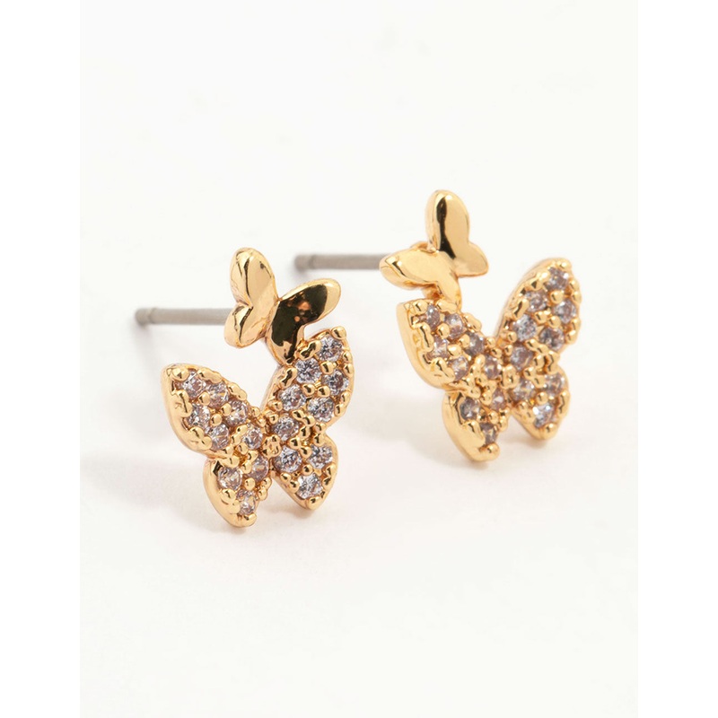 Gold Plated Cubic Zirconia Pearl & Butterfly Earrings 3-Pack