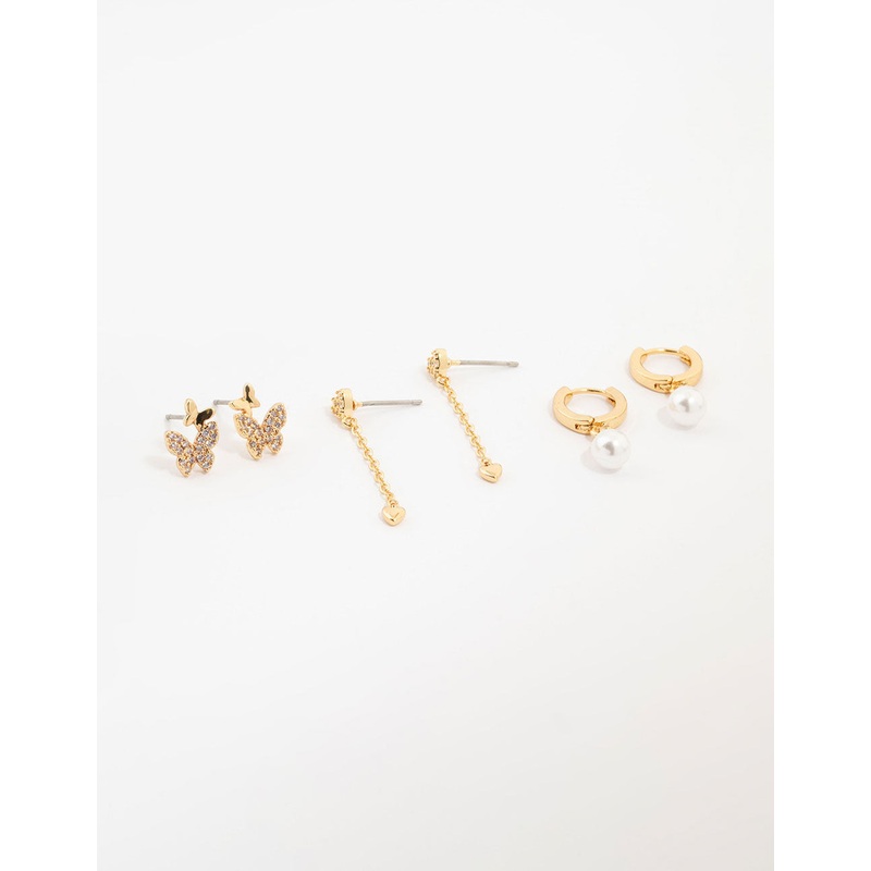 Gold Plated Cubic Zirconia Pearl & Butterfly Earrings 3-Pack