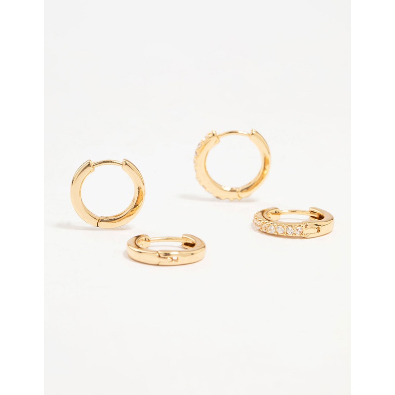 Gold Plated Cubic Zirconia & Sleek Huggie Earrings 2-Pack