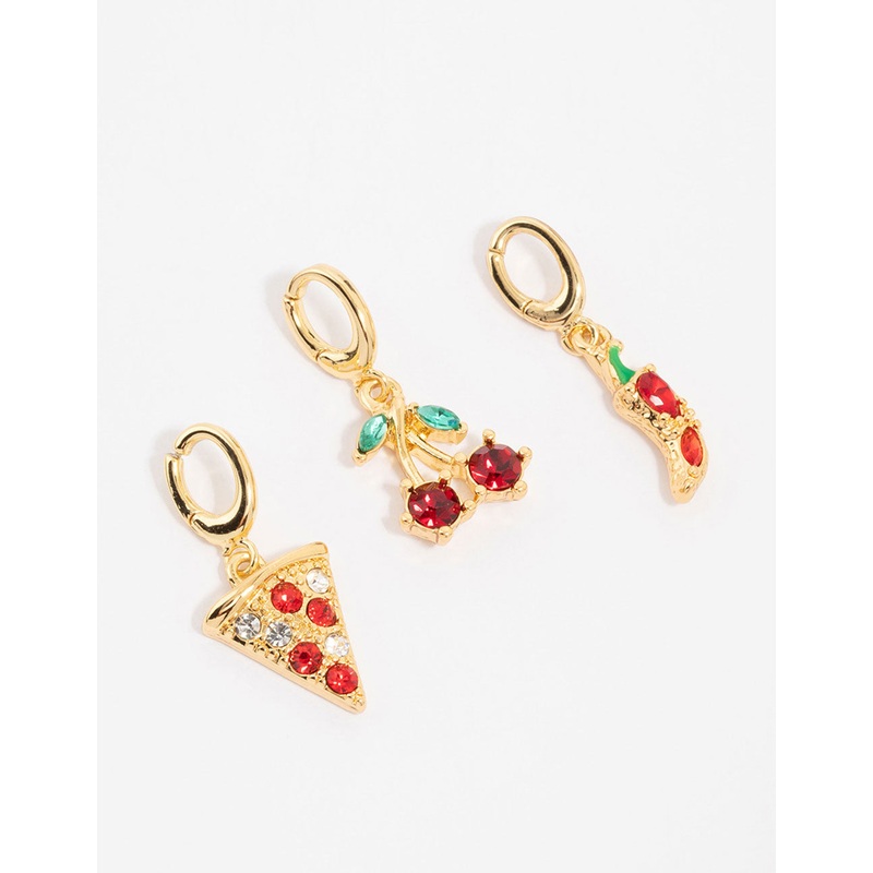 Gold Plated Diamante Cherry & Pizza Charms 3-Pack