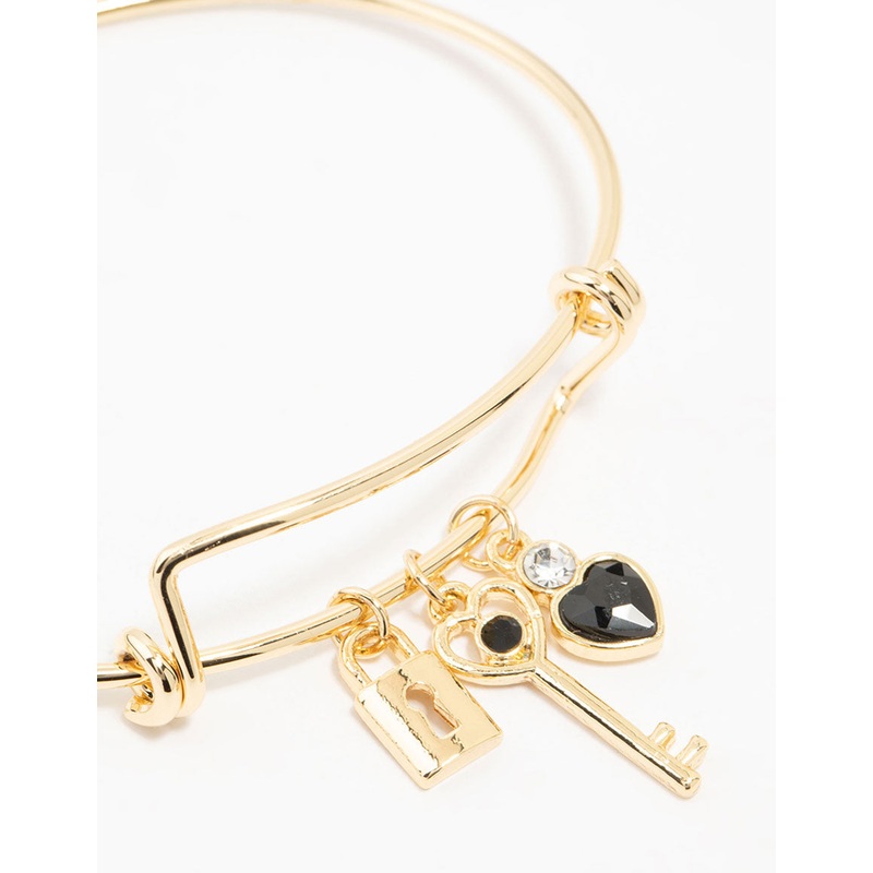 Gold Plated Heart & Key Charm Bangle