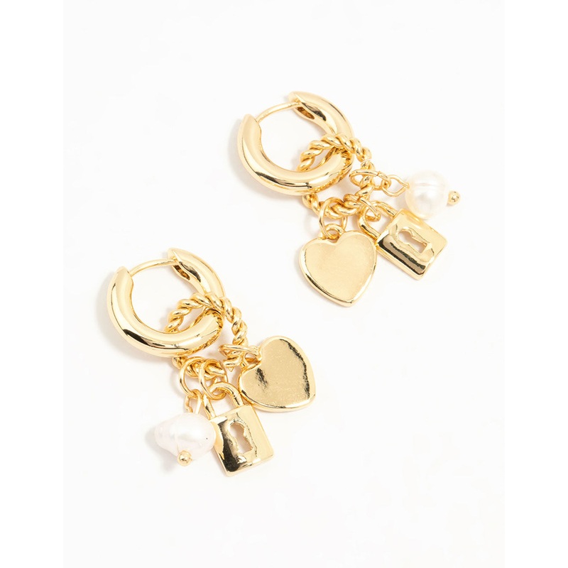 Gold Plated Heart & Lock Drop Huggie Earrings
