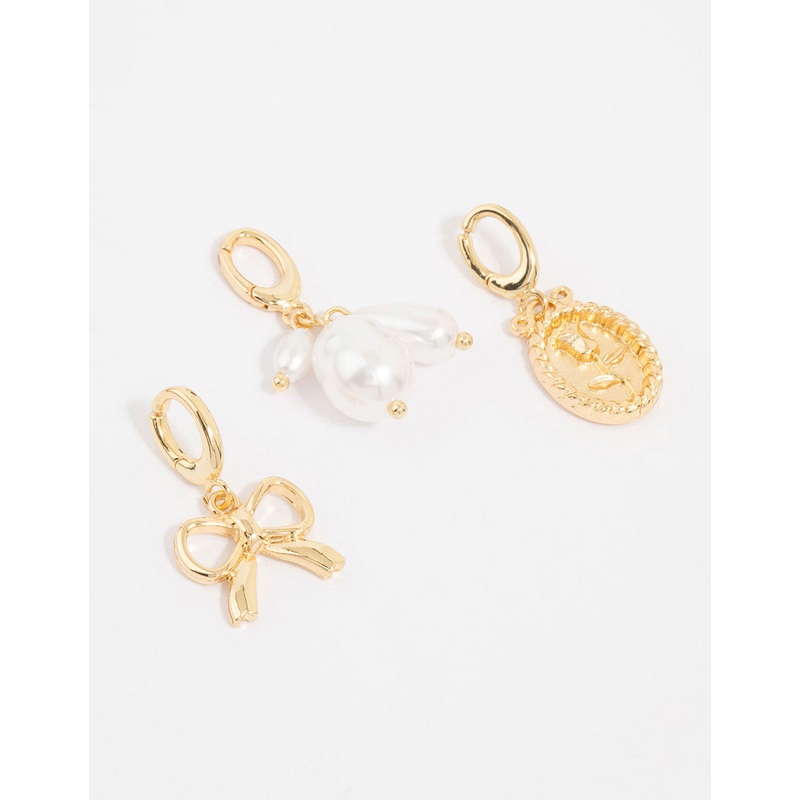 Gold Plated Pearl & Bow Charms 3-Pack