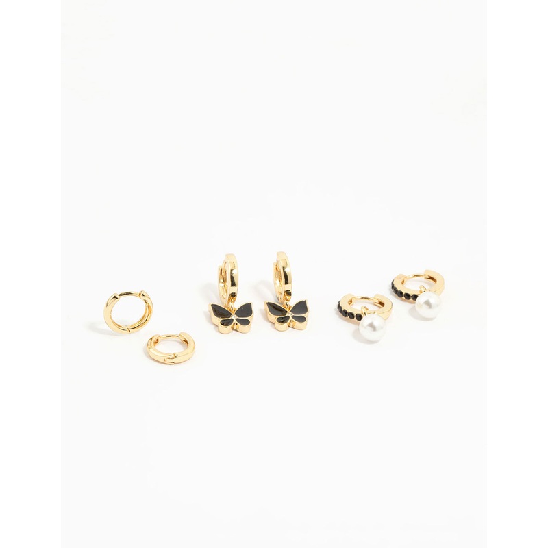 Gold Plated Pearl & Butterfly Earrings 3-Pack