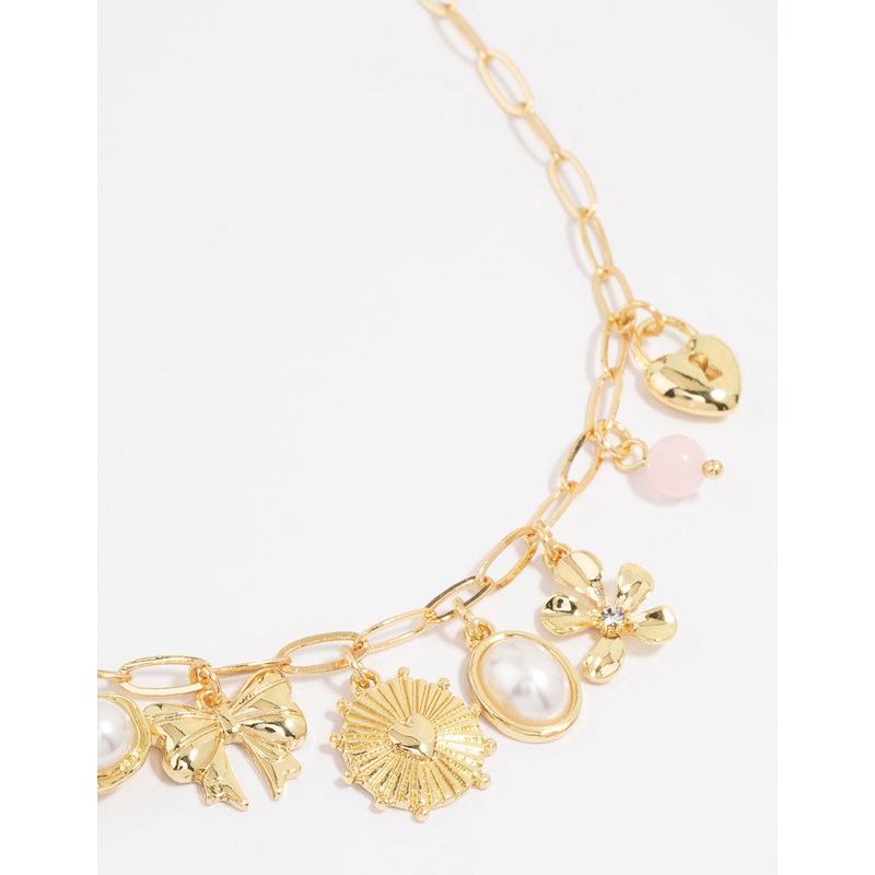 Gold Plated Pink Bead & Pearl Charm Necklace