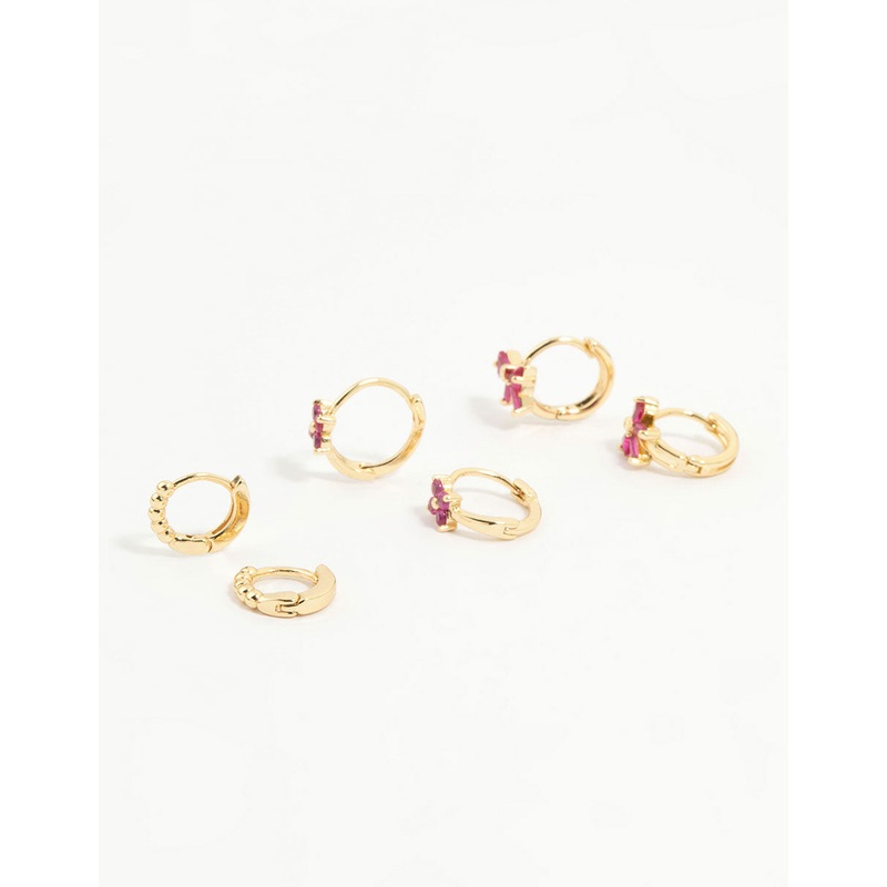 Gold Plated Pink Cubic Zirconia Bow Huggie Earrings 3-Pack