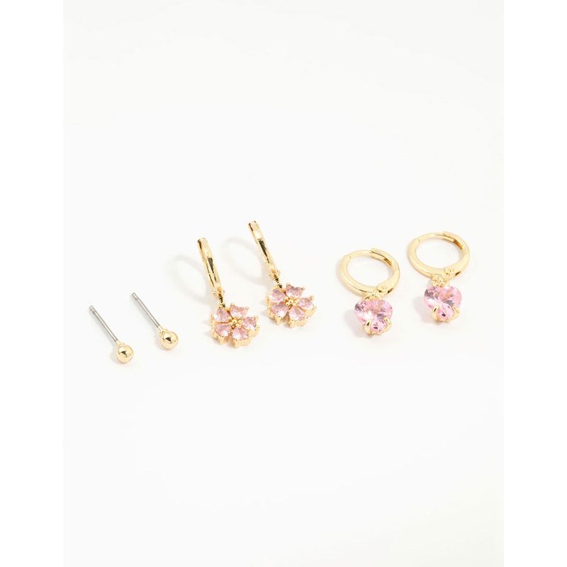 Gold Plated Pink Cubic Zirconia Flower & Heart Earrings 3-Pack