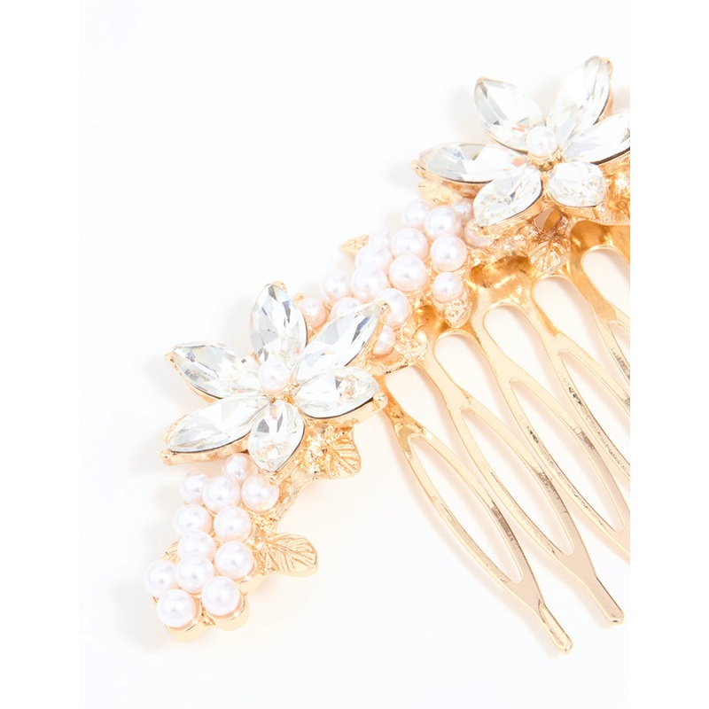 Rose Gold Diamante & Pearl Flower Comb