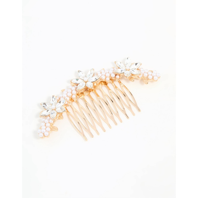 Rose Gold Diamante & Pearl Flower Comb