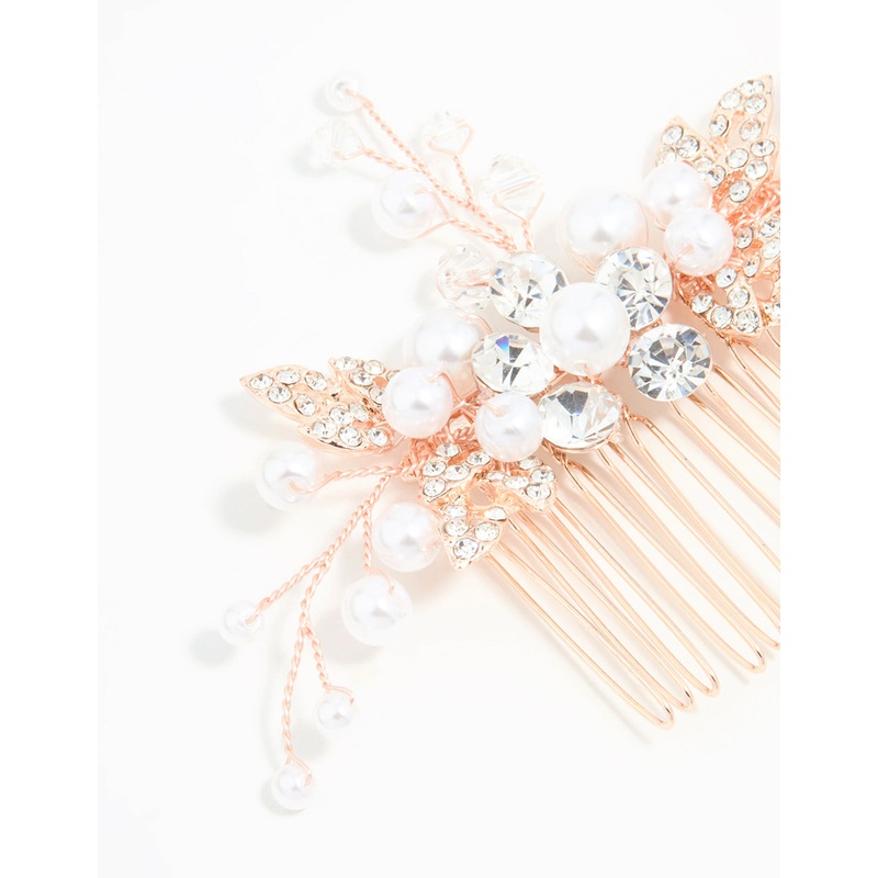 Rose Gold Diamante & Pearl Leaf Hair Comb