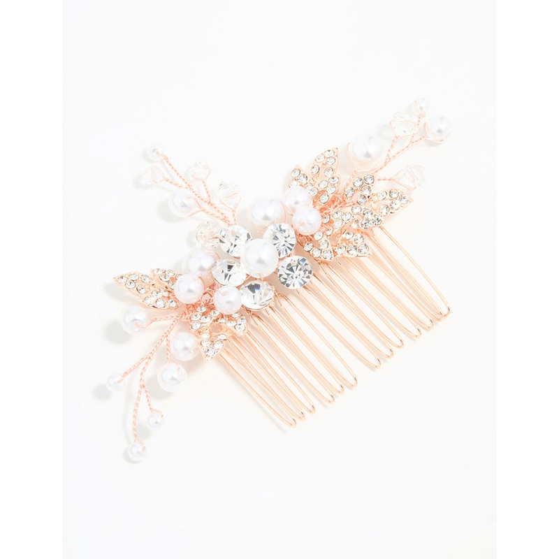 Rose Gold Diamante & Pearl Leaf Hair Comb