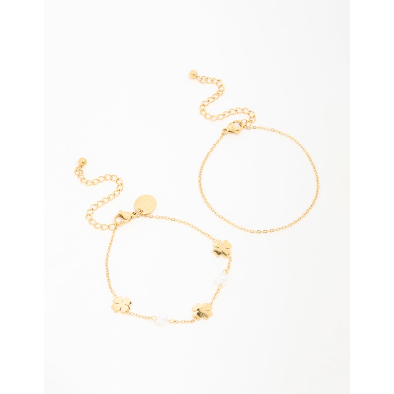 Waterproof Gold Plated Stainless Steel Clover & Pearl Bracelets 2-Pack