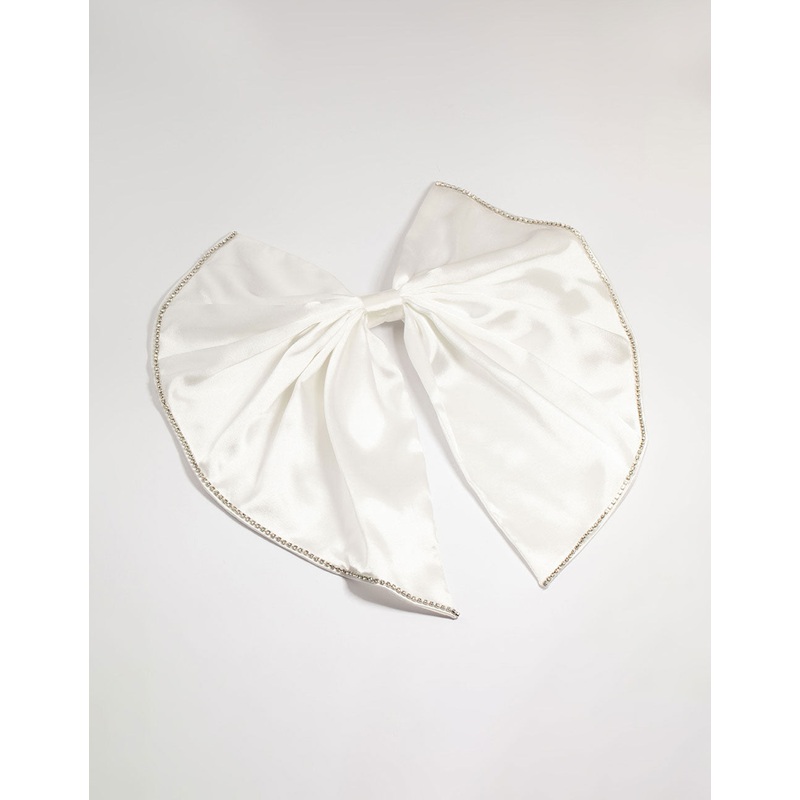 White Fabric Diamante Edge Cascading Bow Clip