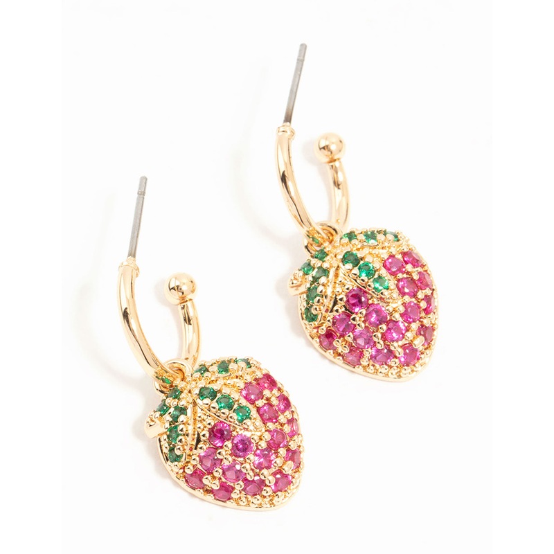 Gold Cubic Zirconia Strawberry Drop Huggie Earrings
