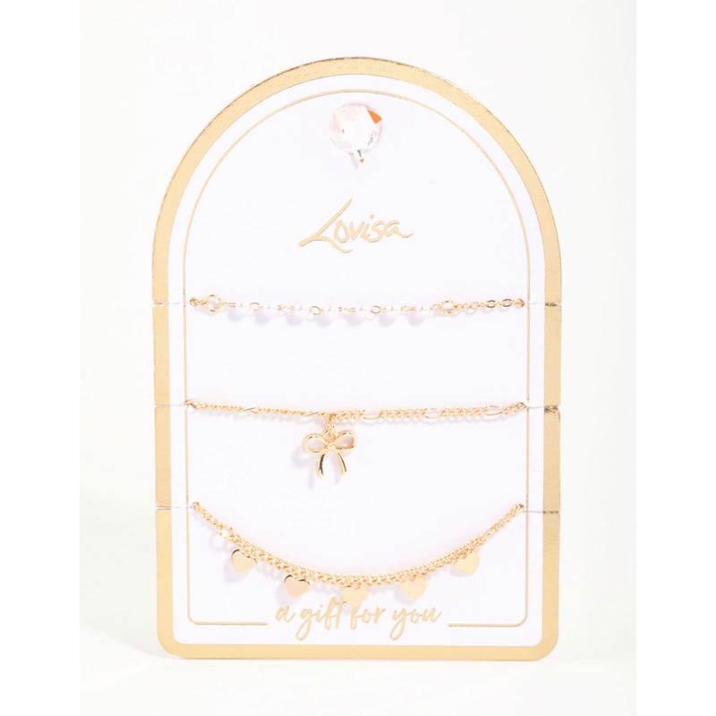 Gold Diamante Pearl Bow & Heart Bracelets 3-Pack