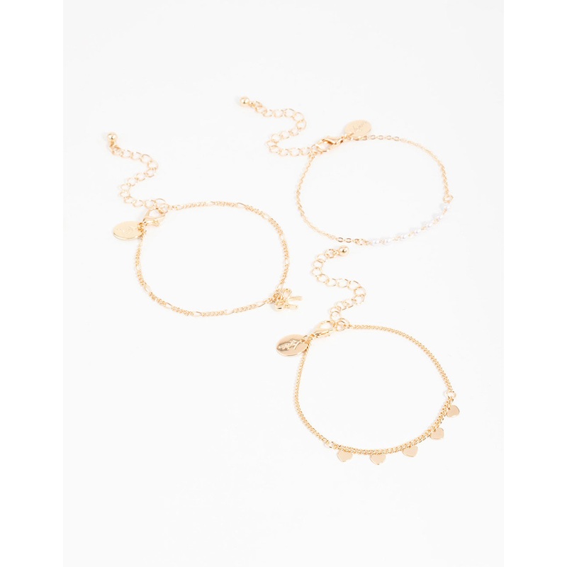 Gold Diamante Pearl Bow & Heart Bracelets 3-Pack