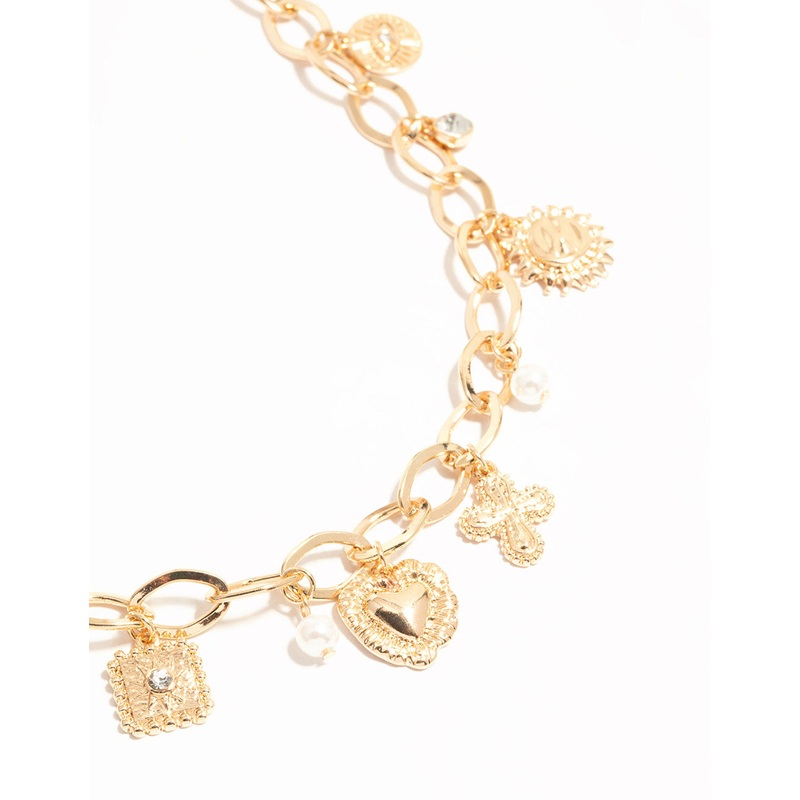 Gold Pearl & Heart Charm Short Necklace