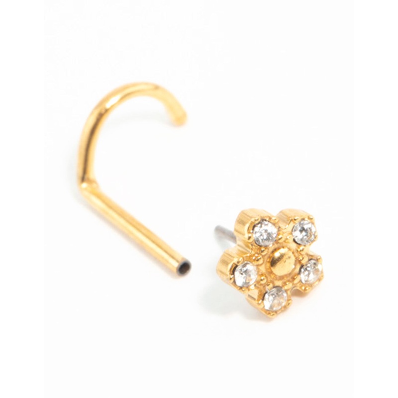 Gold Plated Surgical Steel Cubic Zirconia Flower Threadless Nose Stud