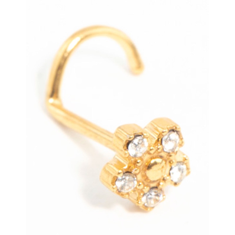 Gold Plated Surgical Steel Cubic Zirconia Flower Threadless Nose Stud