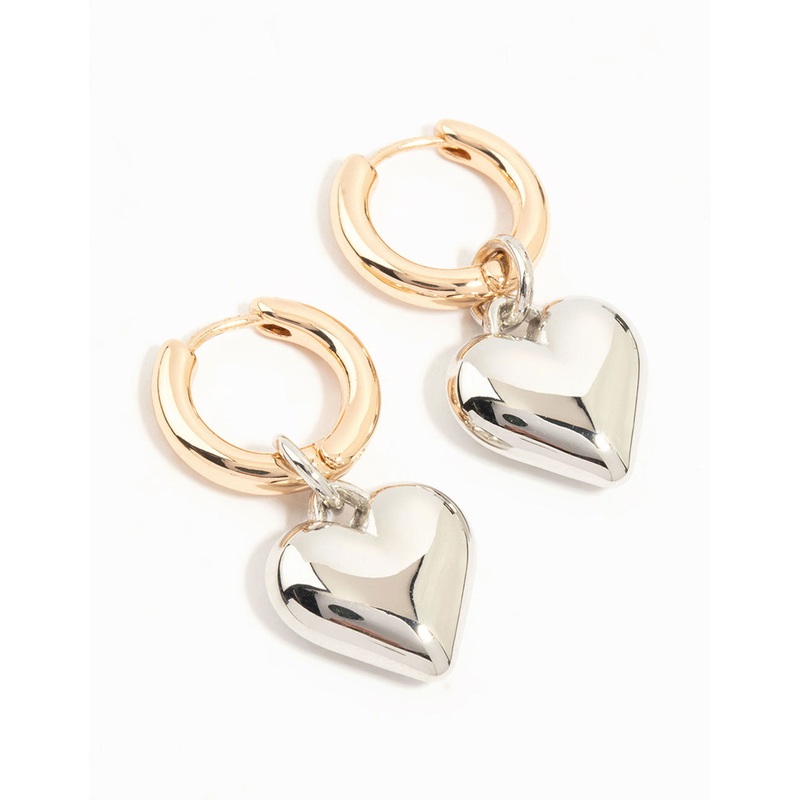 Mixed Metals Medium Chubby Heart Drop Huggie Earrings