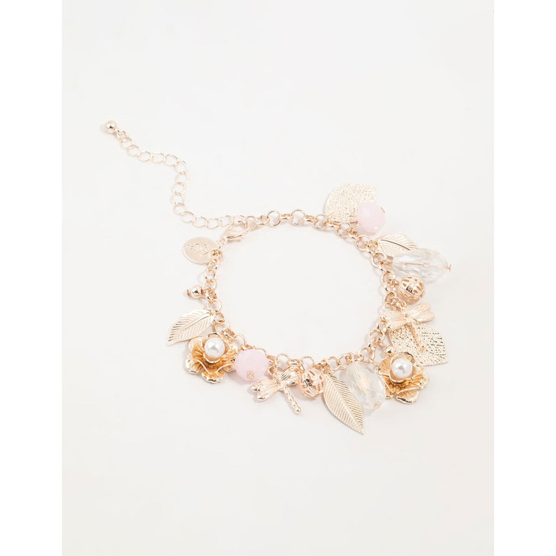 Rose Gold Dragonfly & Flower Charm Bracelet