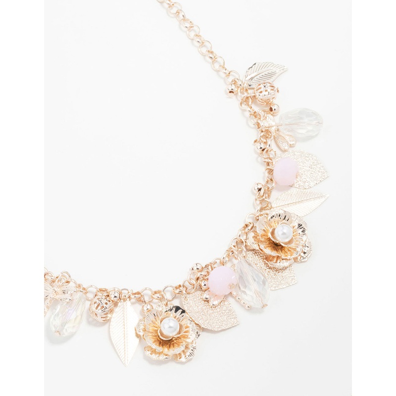 Rose Gold Flower & Leaf Charm Short Necklace