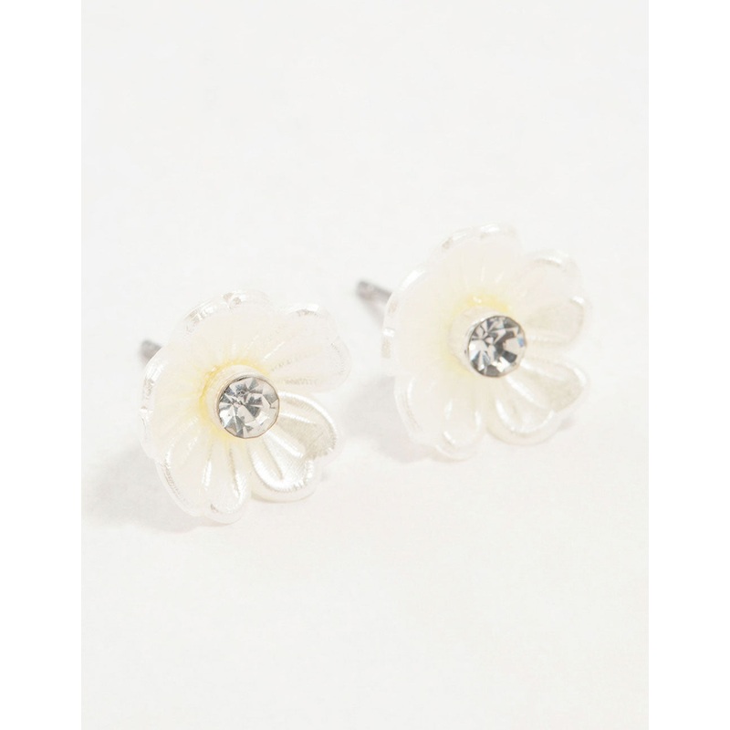 Silver White Flower Diamante Stud Earrings