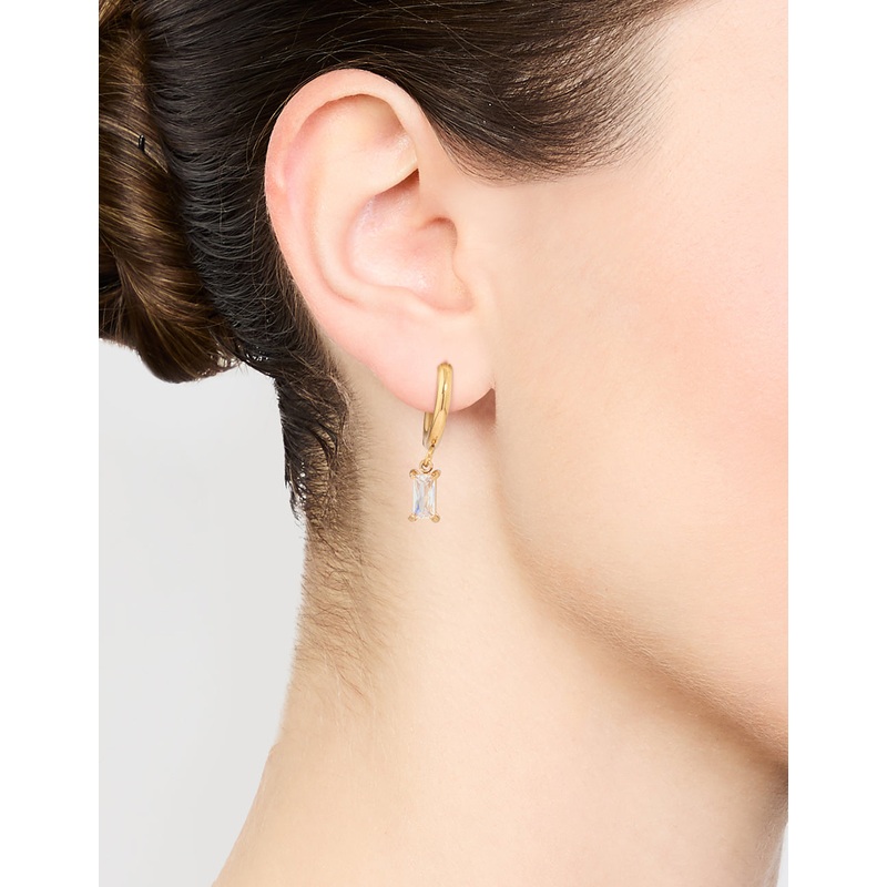 Waterproof Gold Plated Stainless Steel Baguette Diamante Huggie Earrings