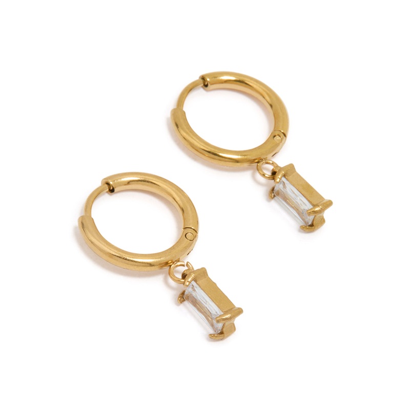 Waterproof Gold Plated Stainless Steel Baguette Diamante Huggie Earrings